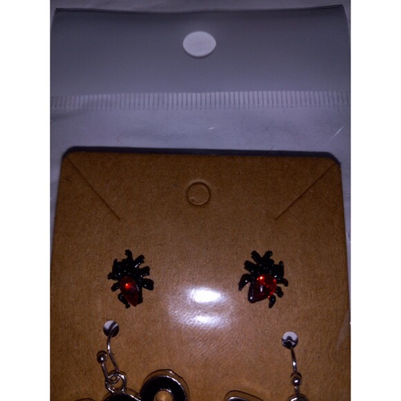 Halloween Earrings Set of 3 Spiders Boo Jack-o-Lanterns Studs Dangle Rhinestones - Picture 2 of 5